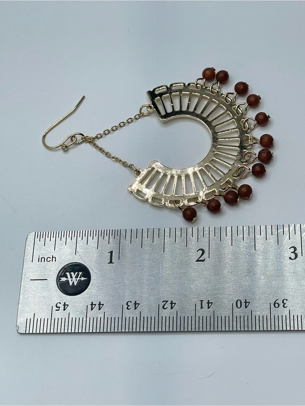 Gold Tone Boho Fan Dangle Earrings Brown Bead Fringe Statement